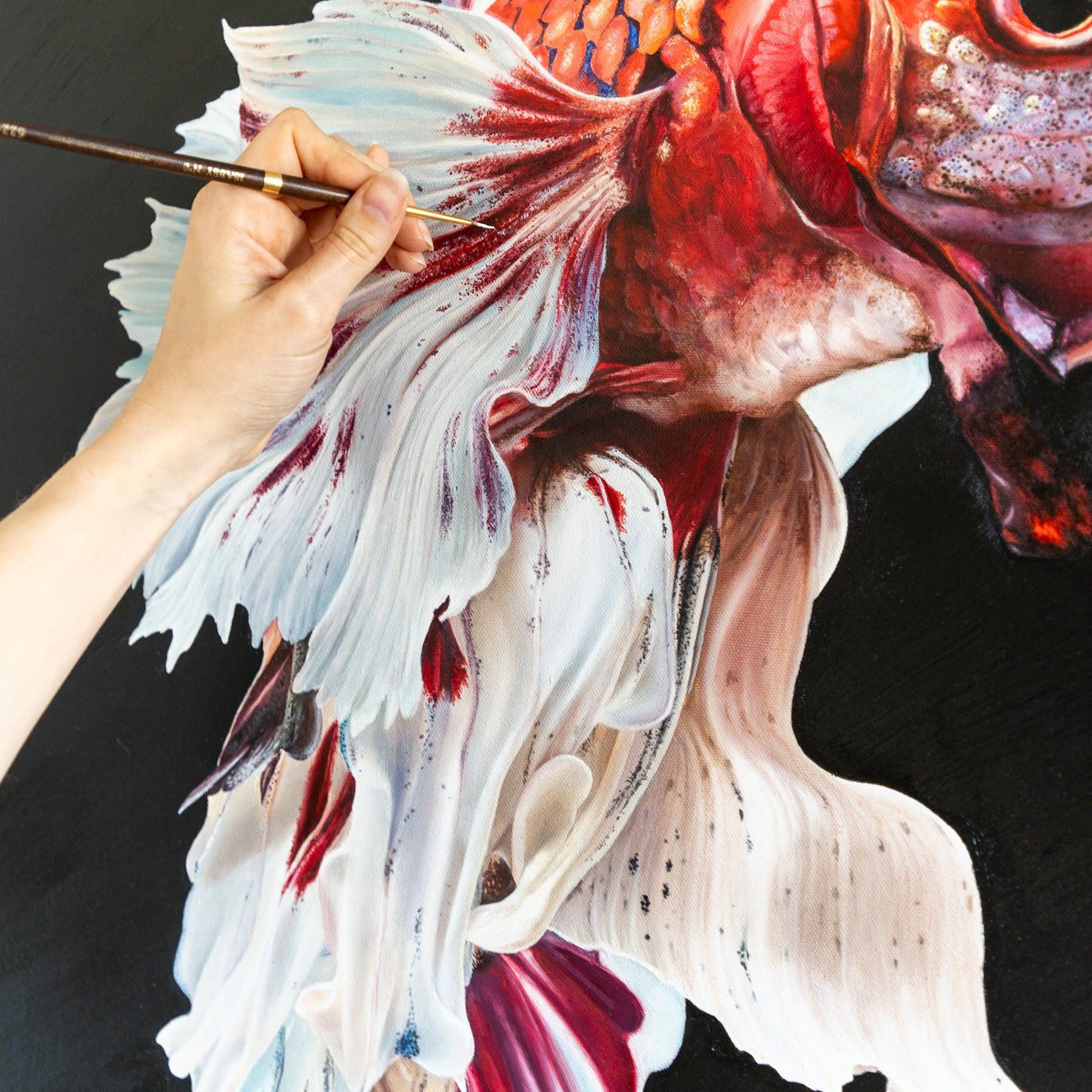 a close up of the beta fish painting while painting