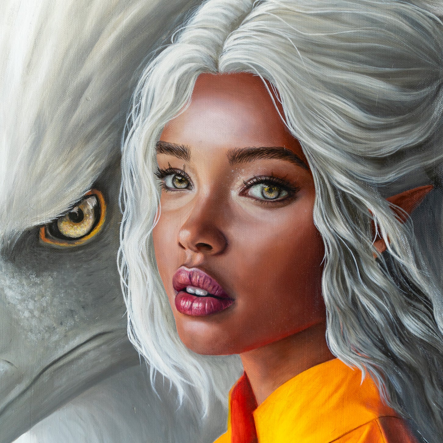 close up of the painting guardians with an elf with white hair and an eagle