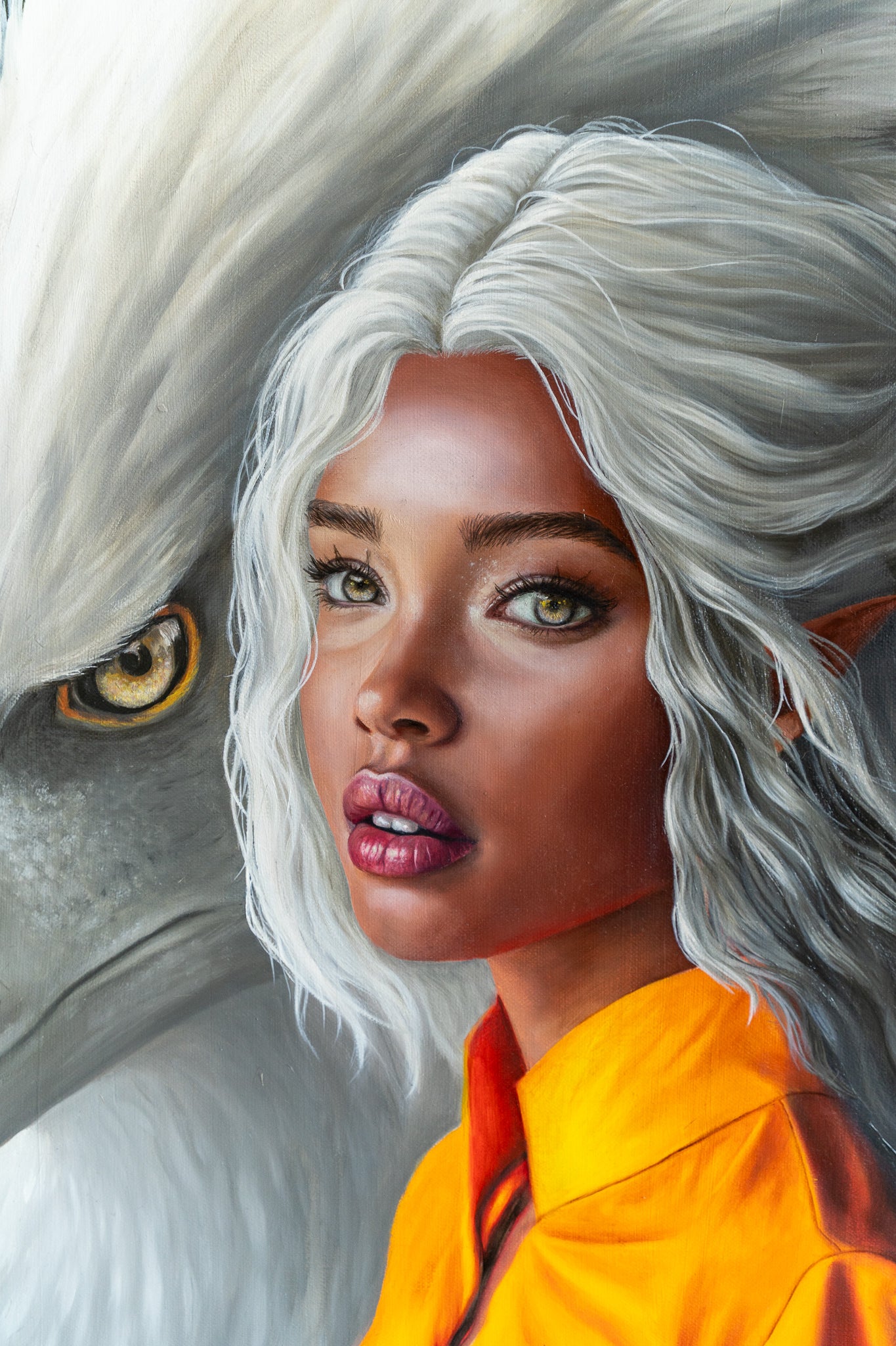 close up of the painting guardians with an elf with white hair and an eagle
