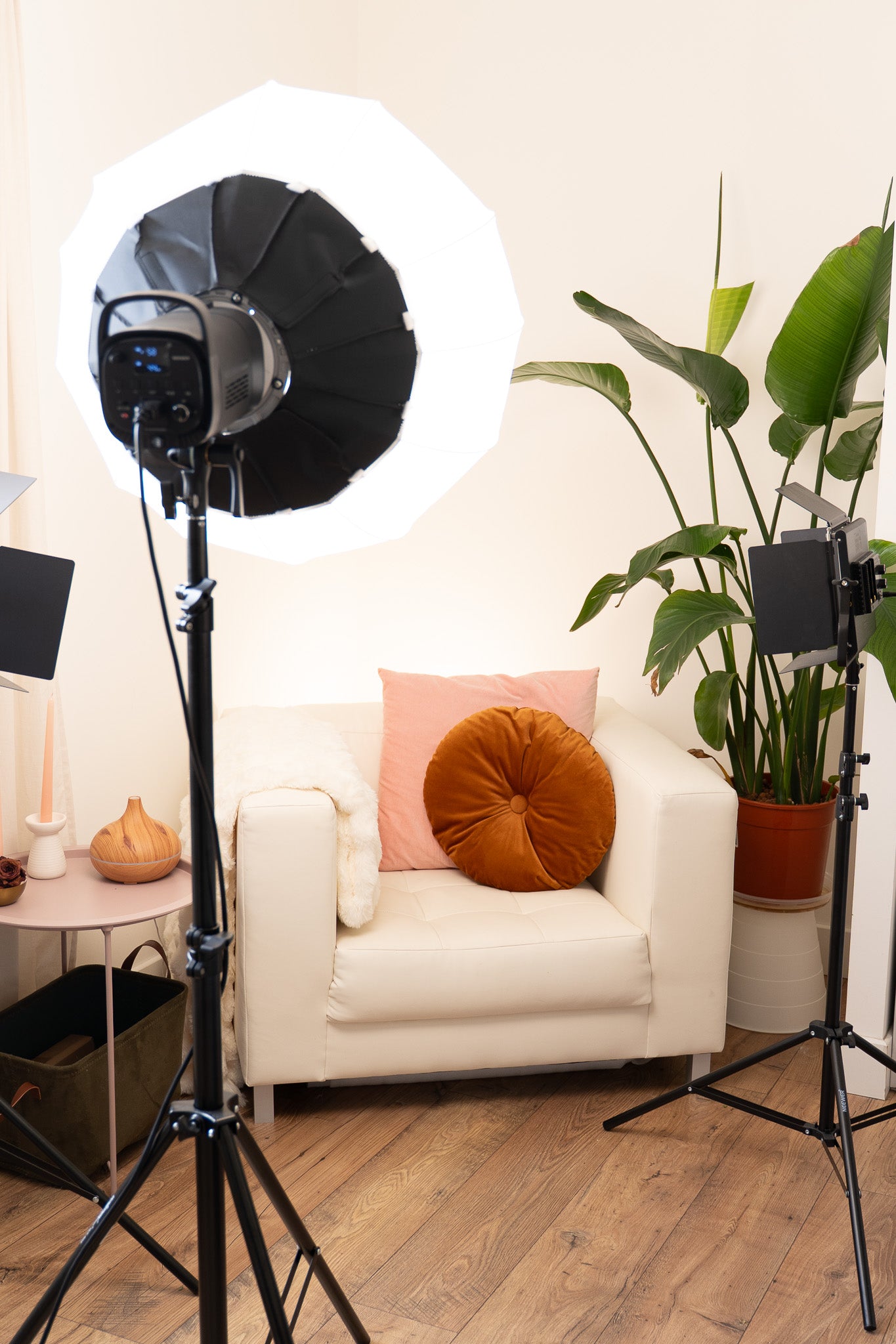 my filming set up with my lights on in my studio