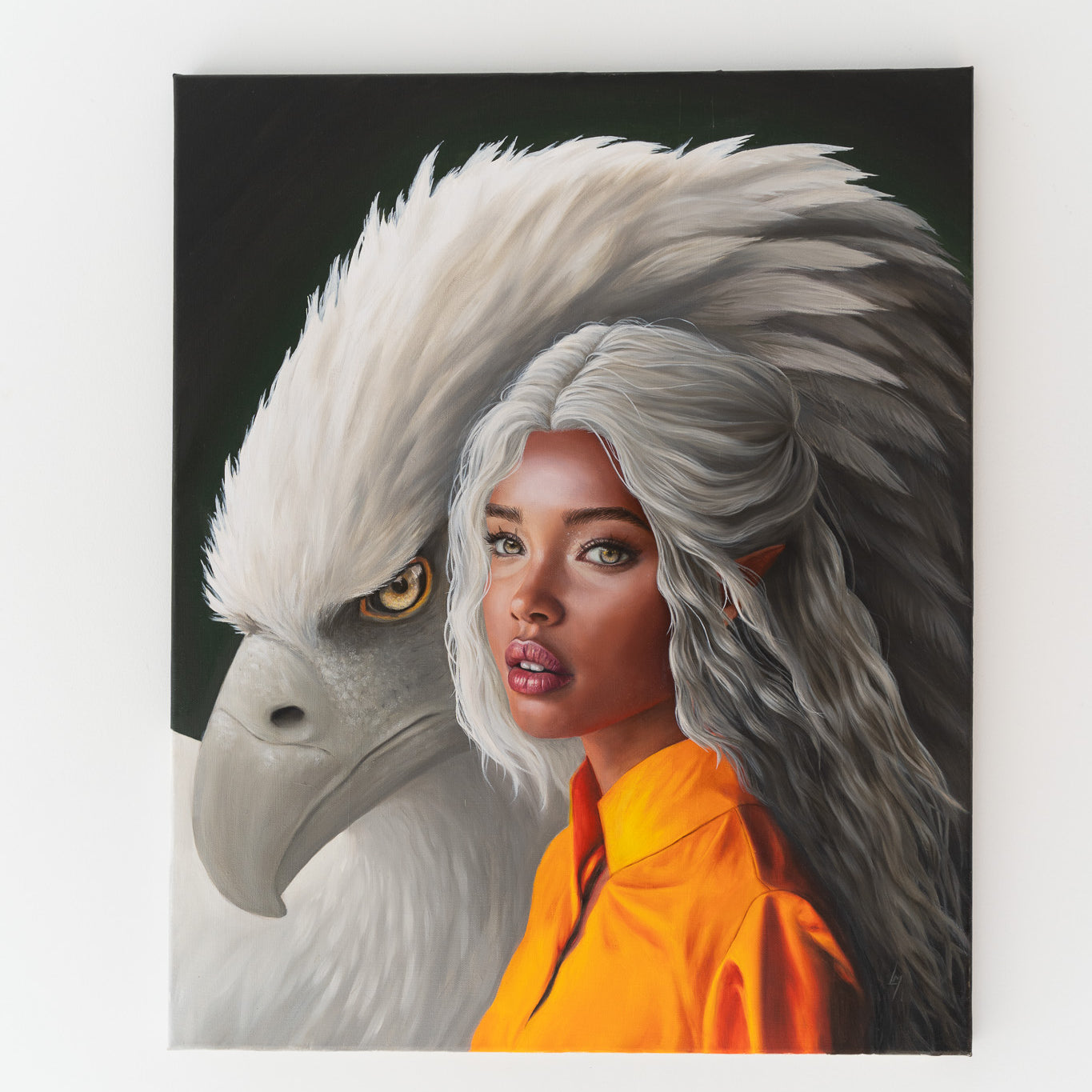 hanging painting of an elf with white hair and an eagle, magical creatures
