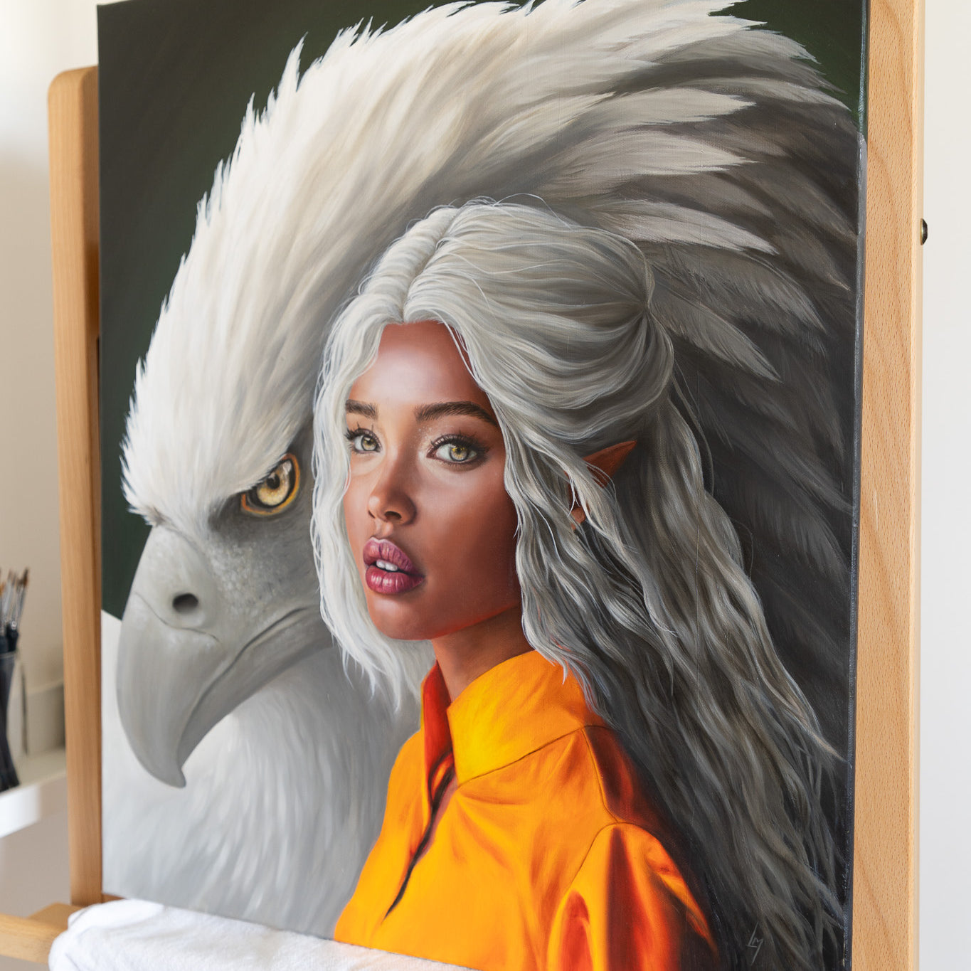 painting of an elf woman and an eagle