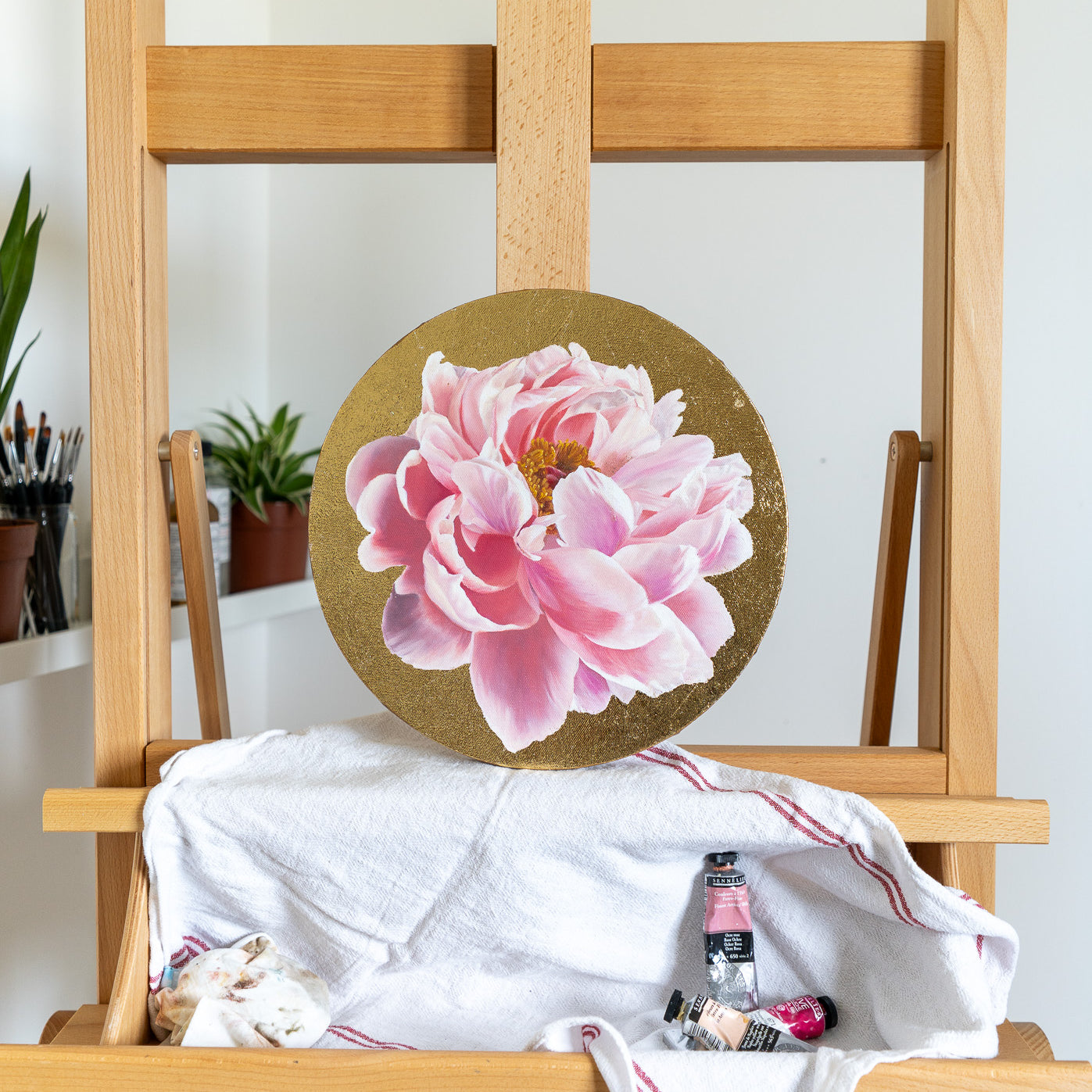 peony painting on gold leaf