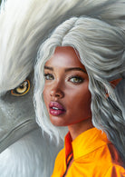 close up of the painting guardians with an elf with white hair and an eagle 