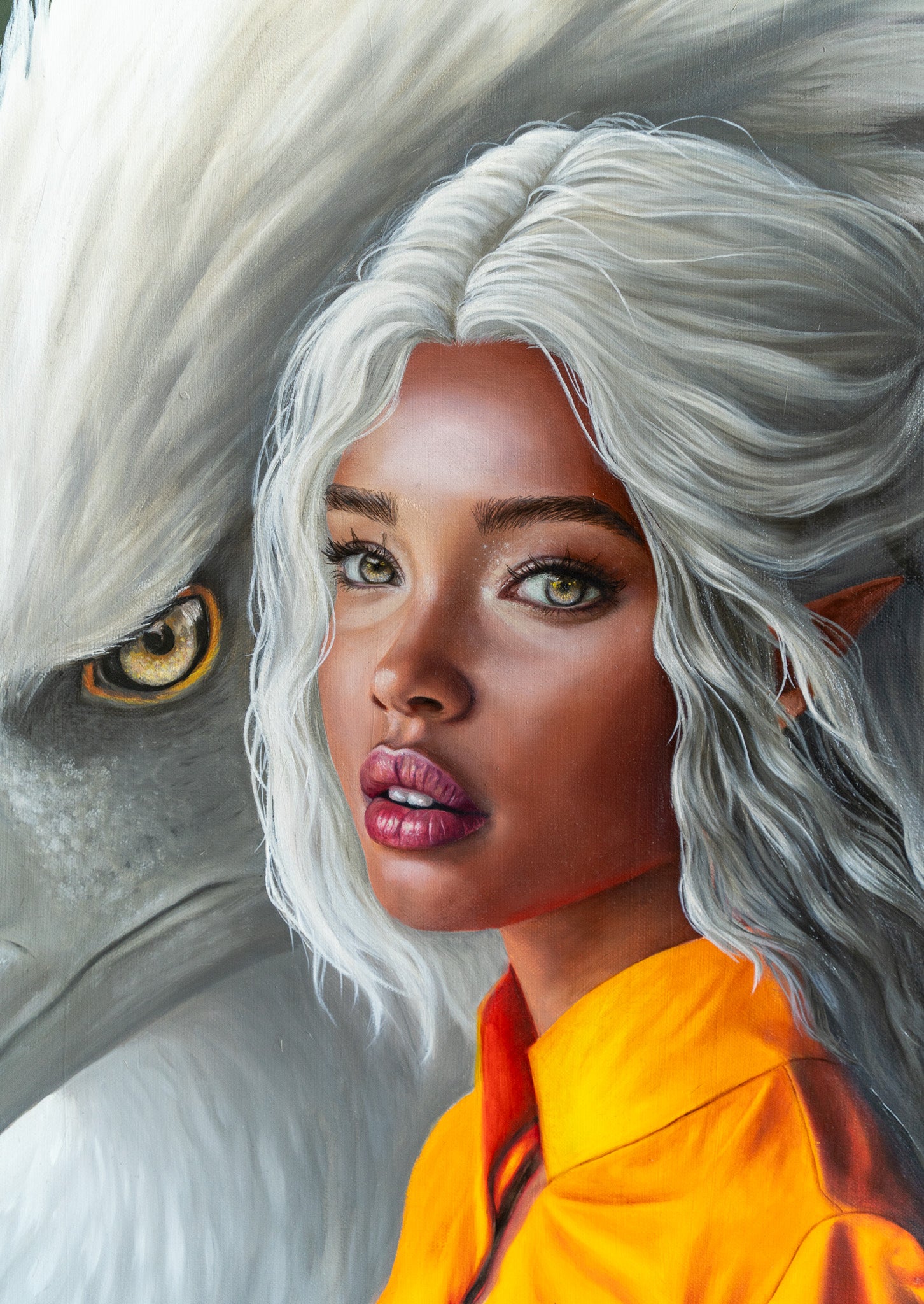 close up of the painting guardians with an elf with white hair and an eagle 
