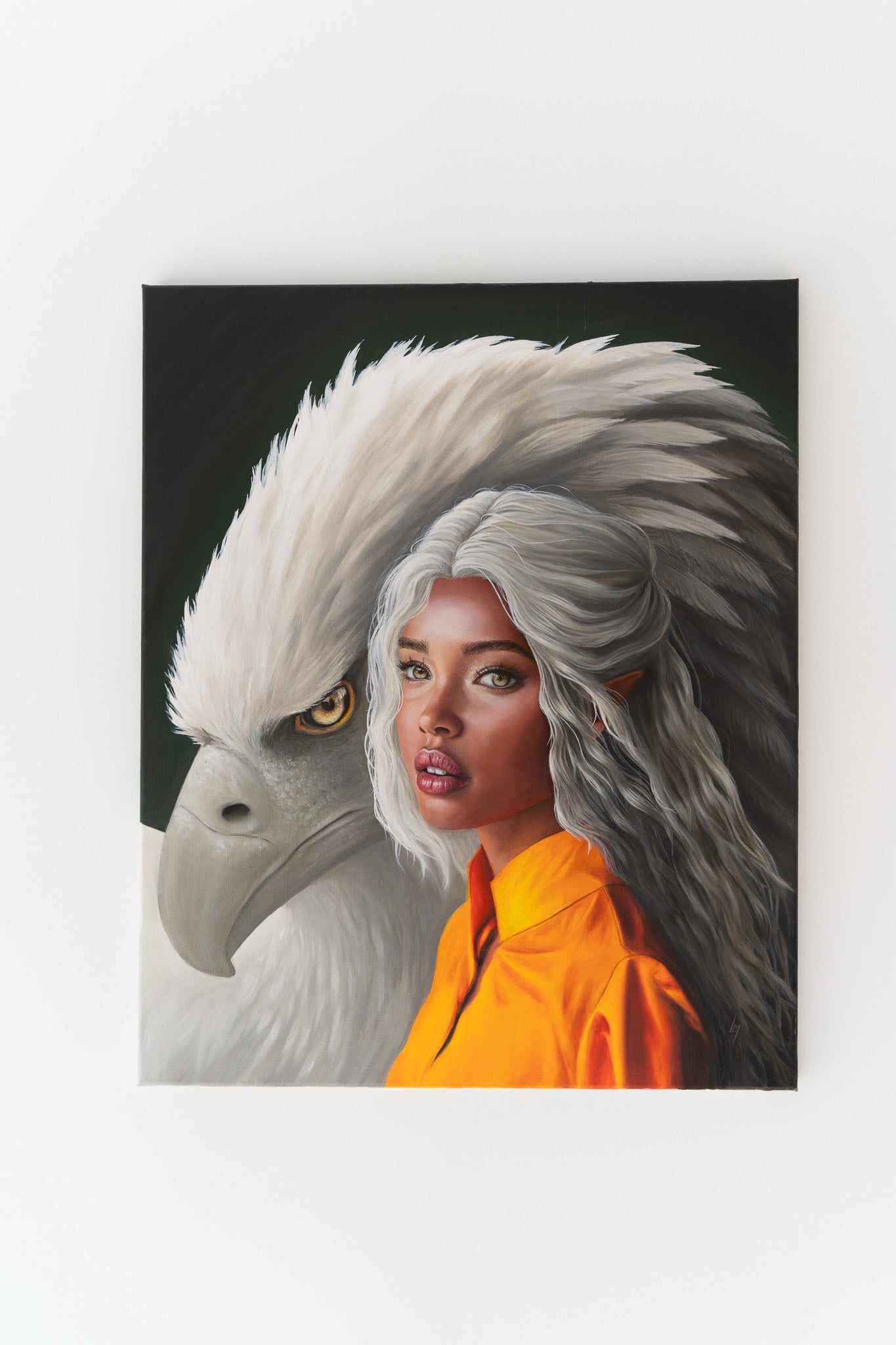 hanging painting of an elf with white hair and an eagle, magical creatures 